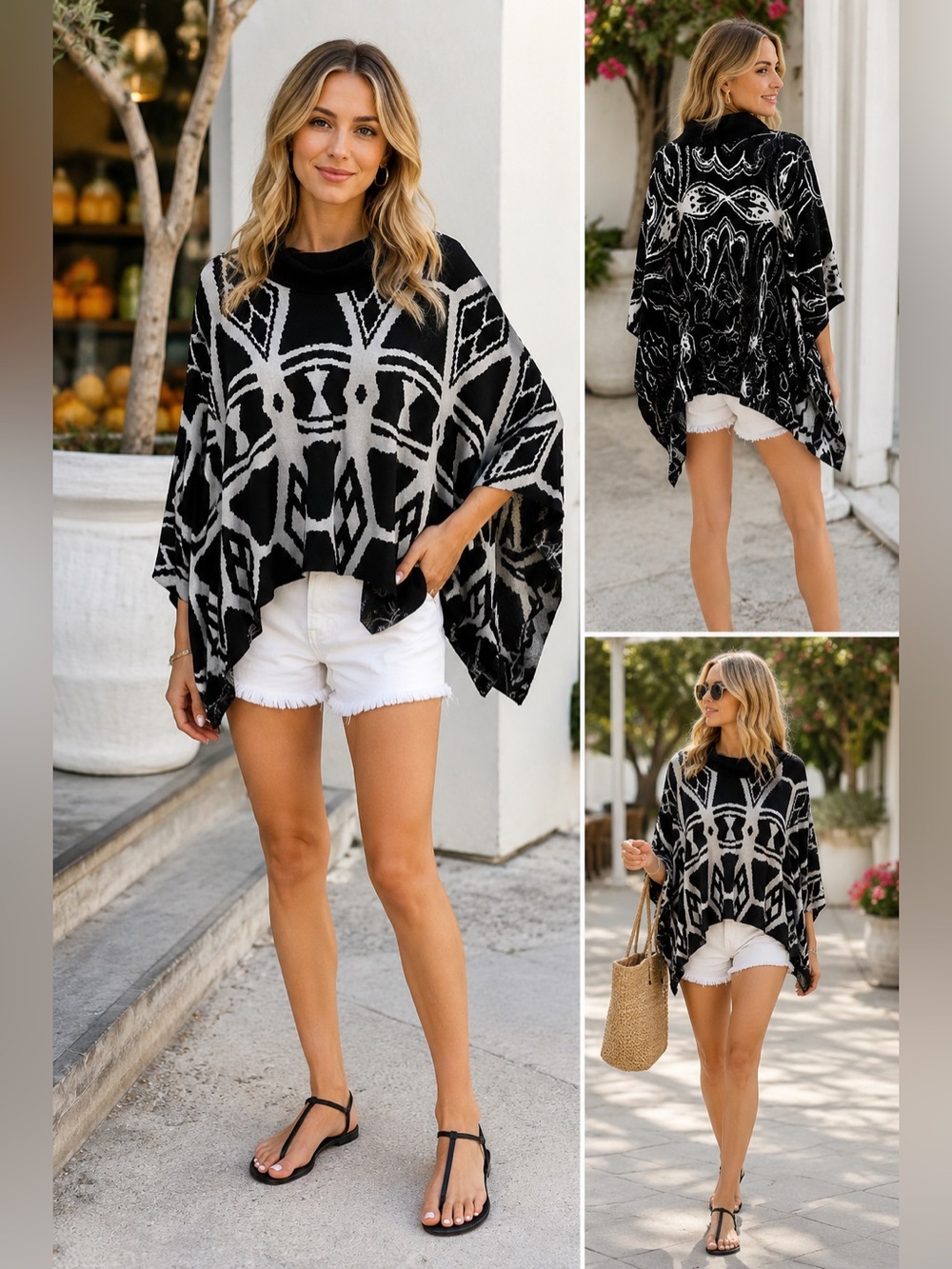 Desigual Black & White Graphic Knit Poncho Sweater | Asymmetrical Hem | Size M